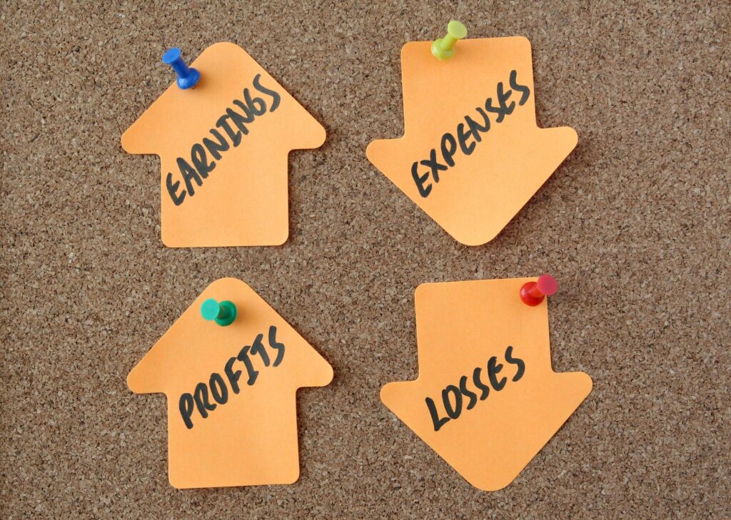 arrows indicating earnings, expenses, profits, and losses